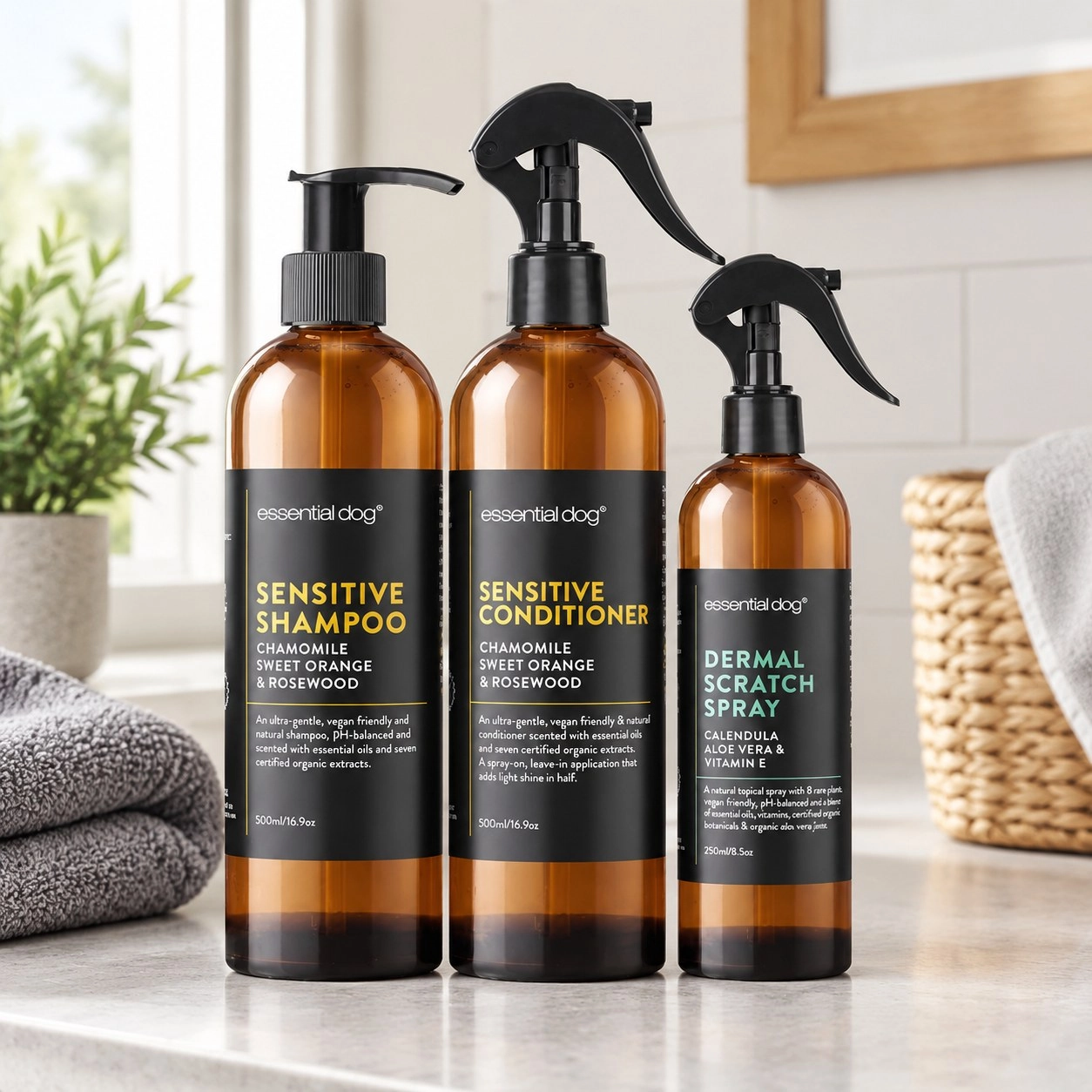 Essential Dog Szampon, odżywka i spray na podrażnienia skóry dla psa (dla psów wrażliwych) — Pielęgnacja
