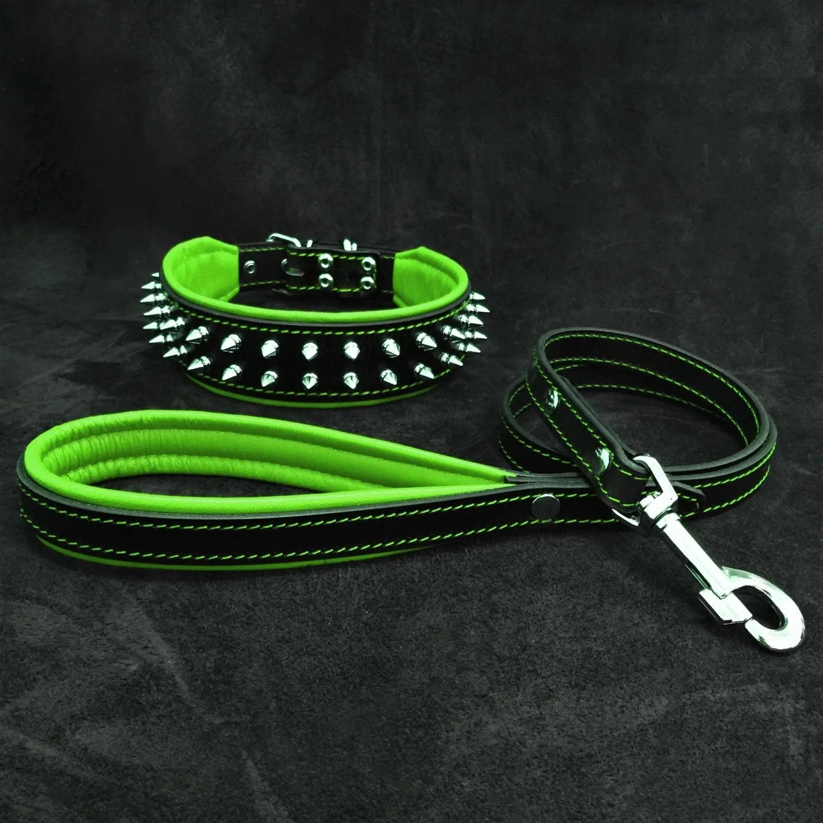 Bestia "Frenchie" Set- collar & leash. Green — Obroże, smycze i szelki