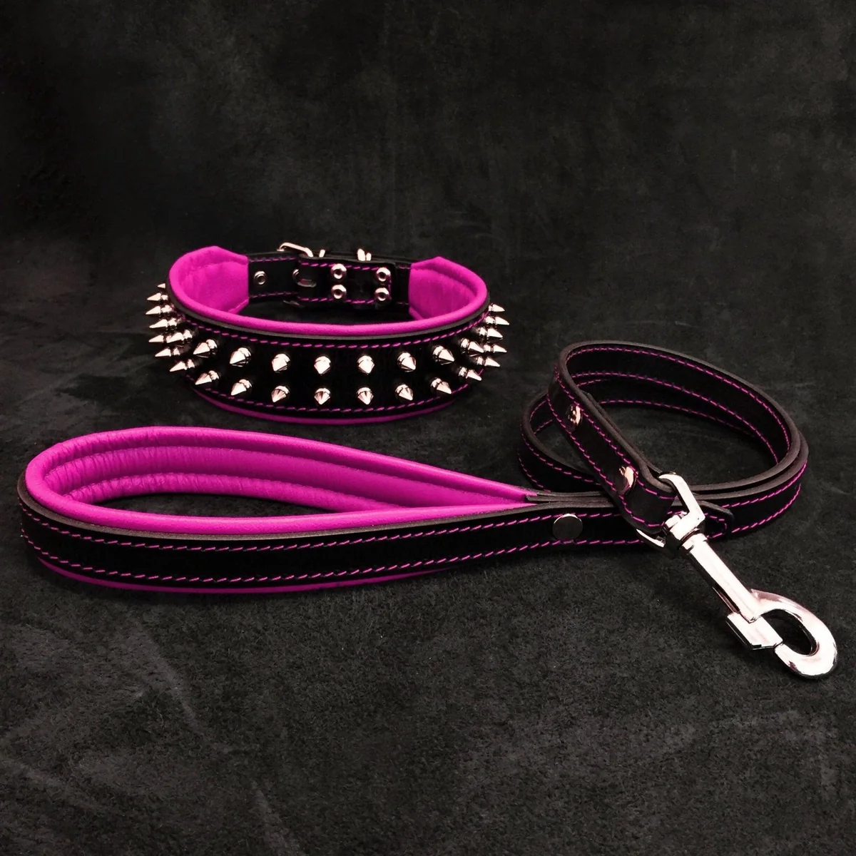 Bestia "Frenchie" Set- collar & leash. Pink — Obroże, smycze i szelki