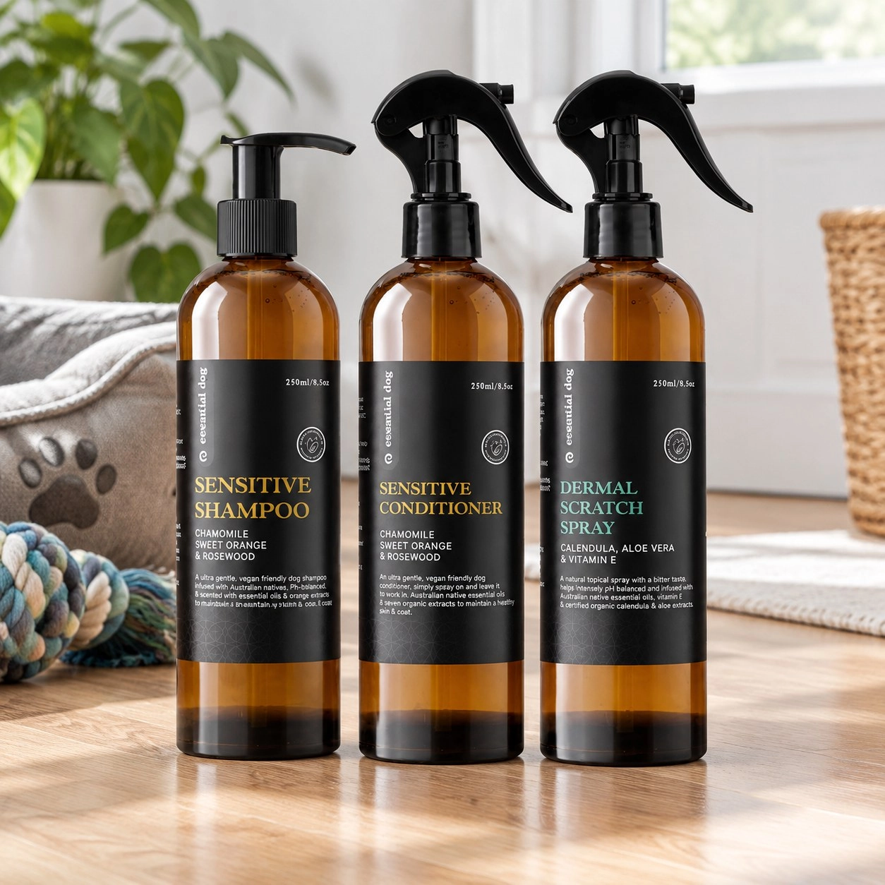 Essential Dog Zestaw Sensitive 1: Szampon, Odżywcza Płynna Płukanka i Spray na Podrażnienia Skóry — Pielęgnacja