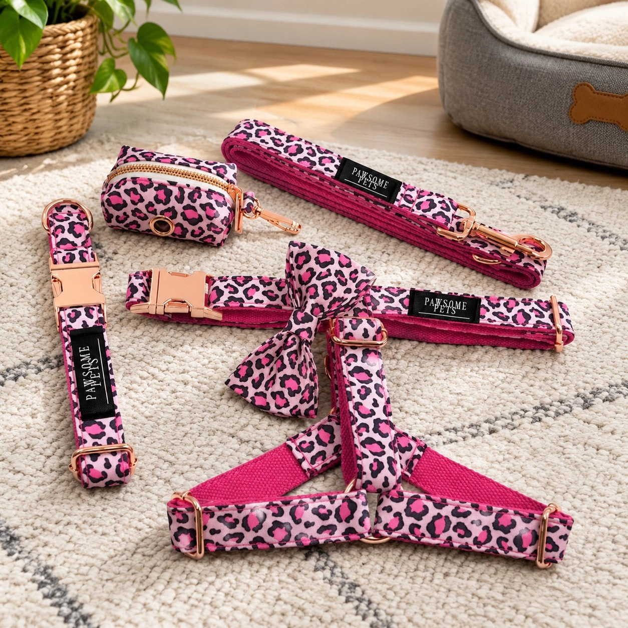 Pawsome Pets New York Zestep step-in - Różowy leopard (5 sztuk) — Obroże, smycze i szelki