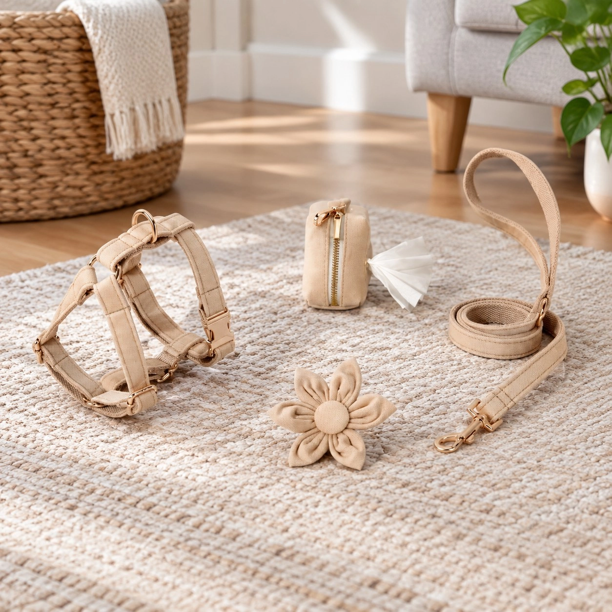 Pawsome Pets New York STEP IN FLORAL BUNDLE - BEIGE (4 sztuki) — Obroże, smycze i szelki