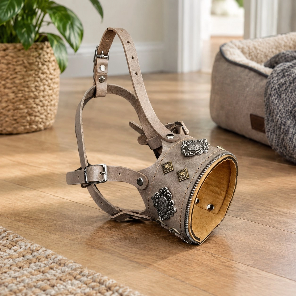 Bestia The "Aztec" leather muzzle Grey — Obroże, smycze i szelki